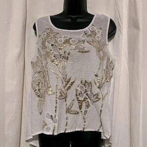 Nic & Zoe Sleeveless Sheer Blouse With Floral And Gold Embroidery Womens Sz M